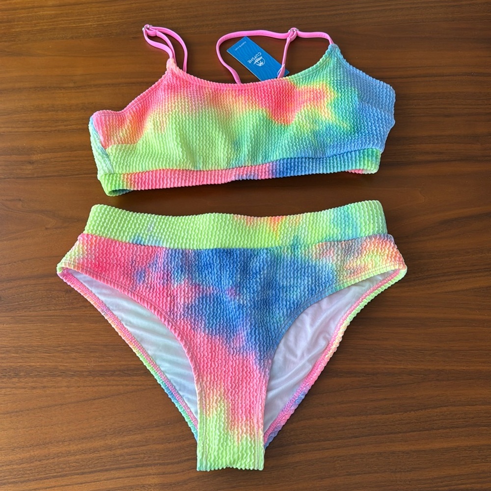 NWT Cupshe tie- dye wash textured scoop neck top and high waist bikini set M